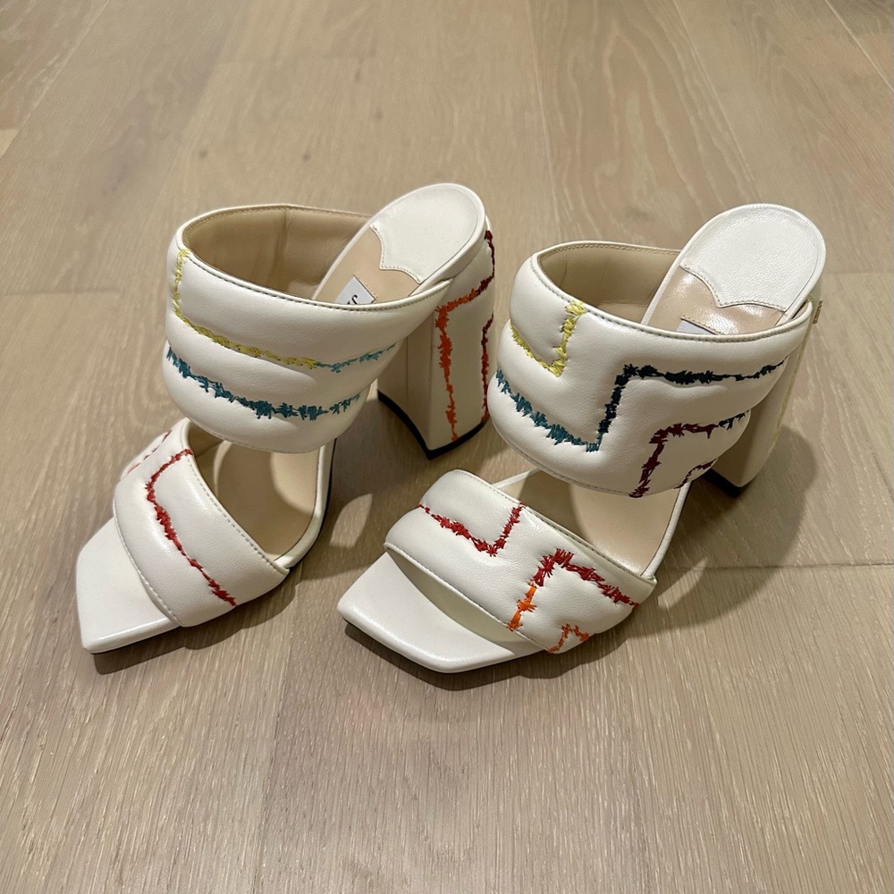 New Jimmy Choo Themis White Multi Stitch Mule Sandals